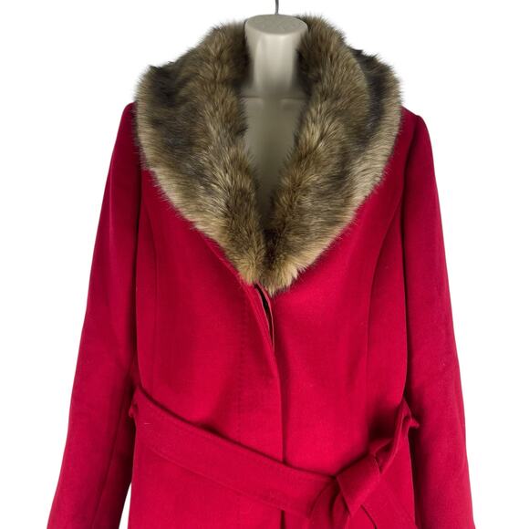 Talbots Wool Blend Belted Long Coat Removable Fur Collar Red Size 6 - Picture 5 of 10